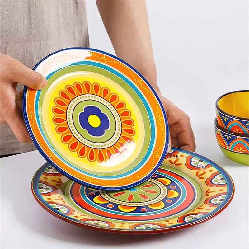 1pcs Ceramic Tableware Bohemian Flat Dinner Plate