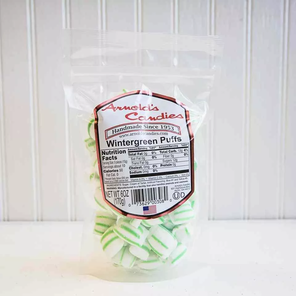 Arnold's Candies Wintergreen Puffs 6 oz. Bag - 6 / Case