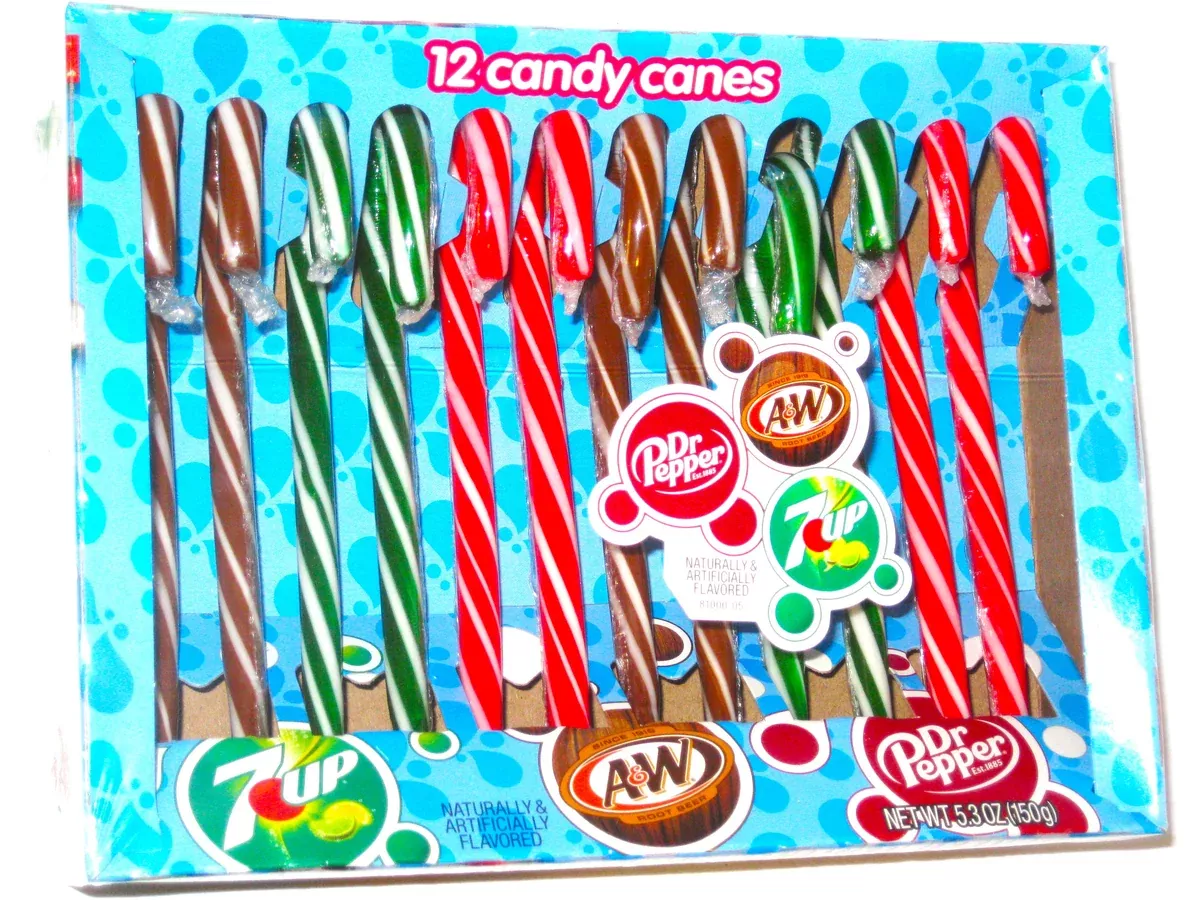 Christmas Candy Canes Dr Pepper, A&W Root Beer, and 7 UP 12ct box
