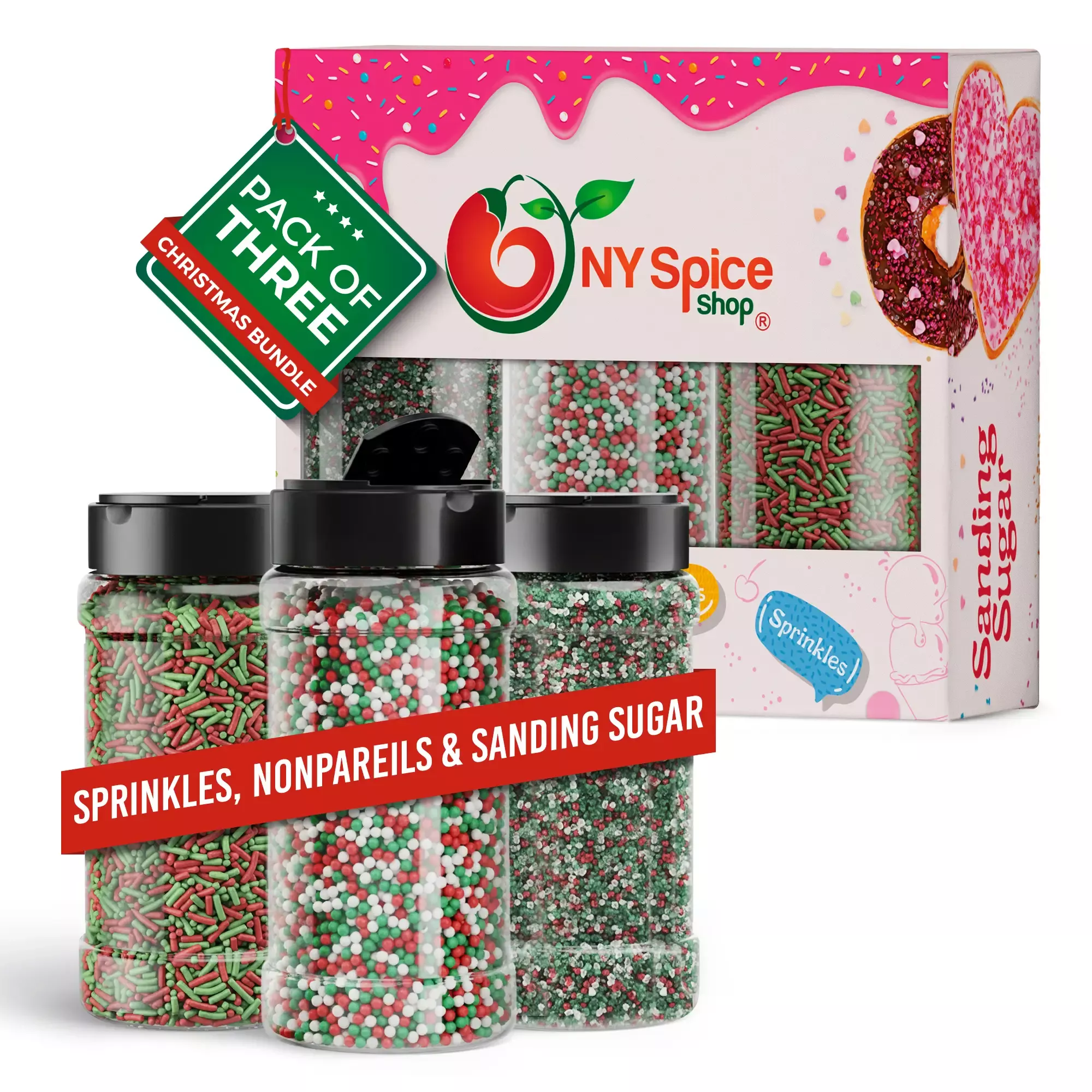 Christmas Sprinkles, Nonpareils & Sanding Sugar - Pack of 3