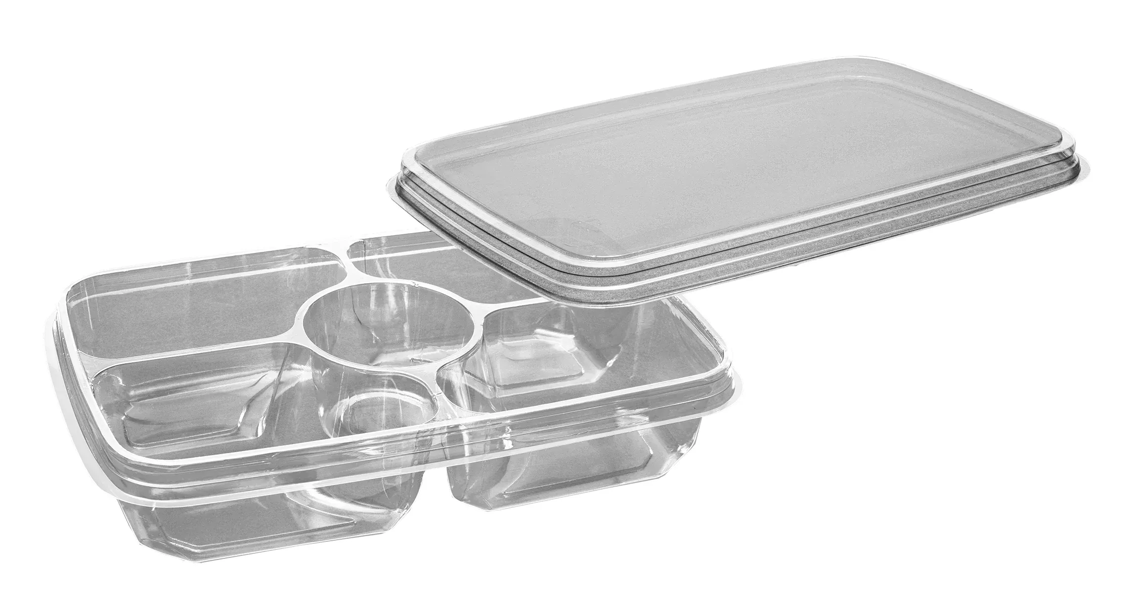 D & W Fine Pack 11" X 7" X 2.25" Rectangular 4-Comp. PET Tray W/ Dip Cup and Flat Lid 48 Ounce. 100 Count