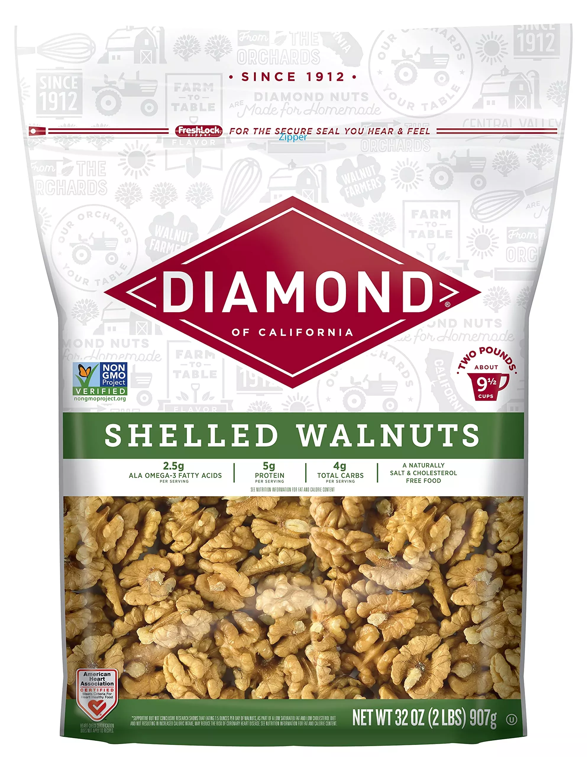 Diamond Of California Shelled Walnut Halves And Pieces, Pre-Shelled Raw Walnuts For Baking, Snacking And Salads, 6 Lbs. Total / 32 Oz. Each (3 Pack)
