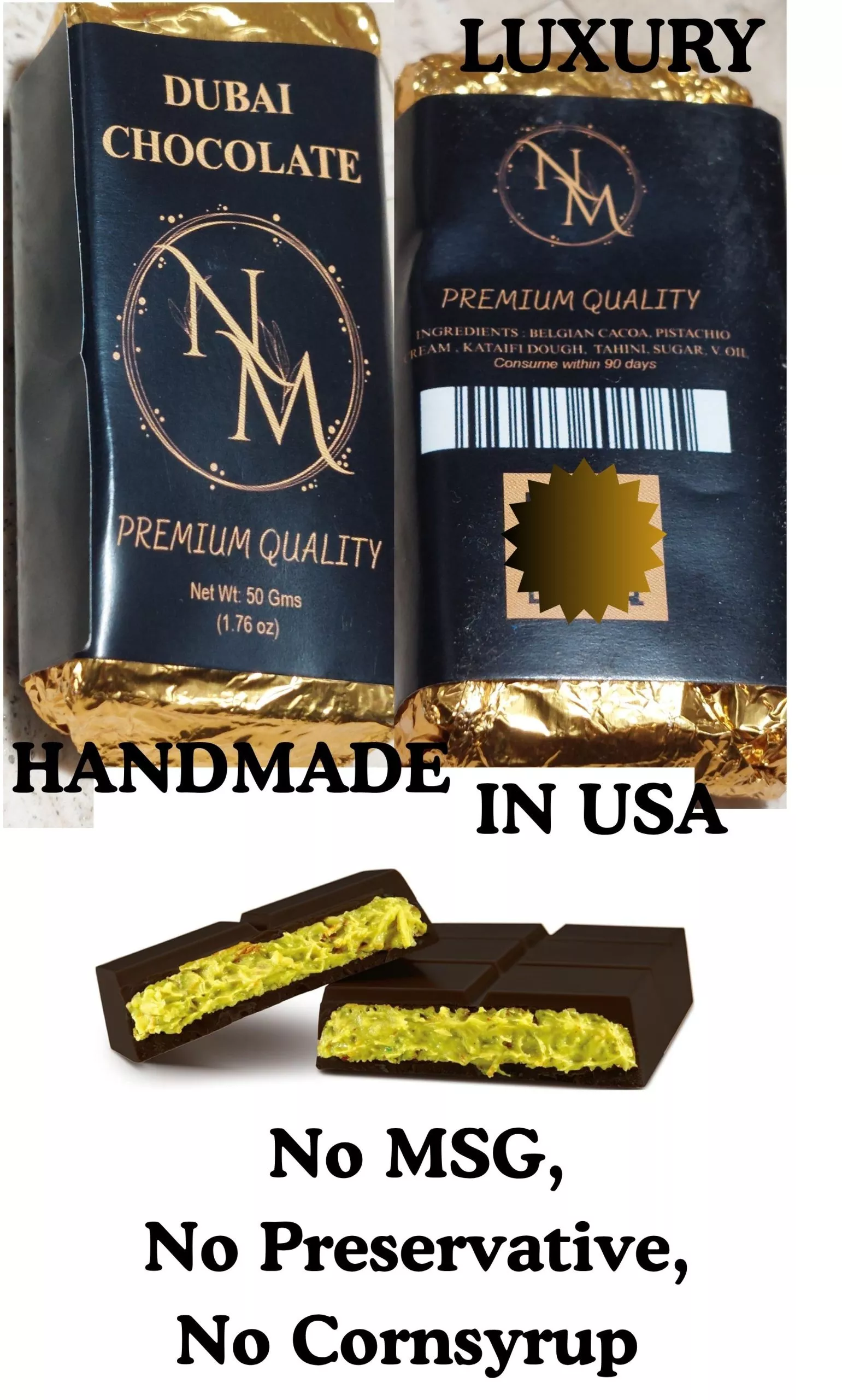 .Dubai Dark Chocolate Bar, Premium quality Luxury Handmade Knafeh with Pistachio Cream and Kataifi, by Nuts n More 1.75 oz(50 gm)