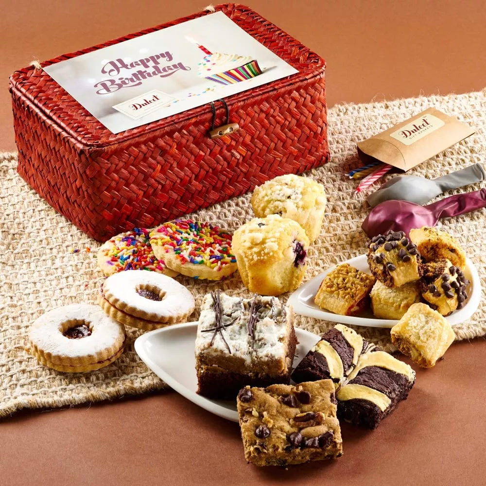 Dulcet Gift Baskets Happy Birthday Sampler Red Wicker Basket Featuring Muffins Sprinkle Cookies, Candle, Balloons And More. Gift Box For Women, Kids, Friends, Family, Him, Her, Girls & Boys