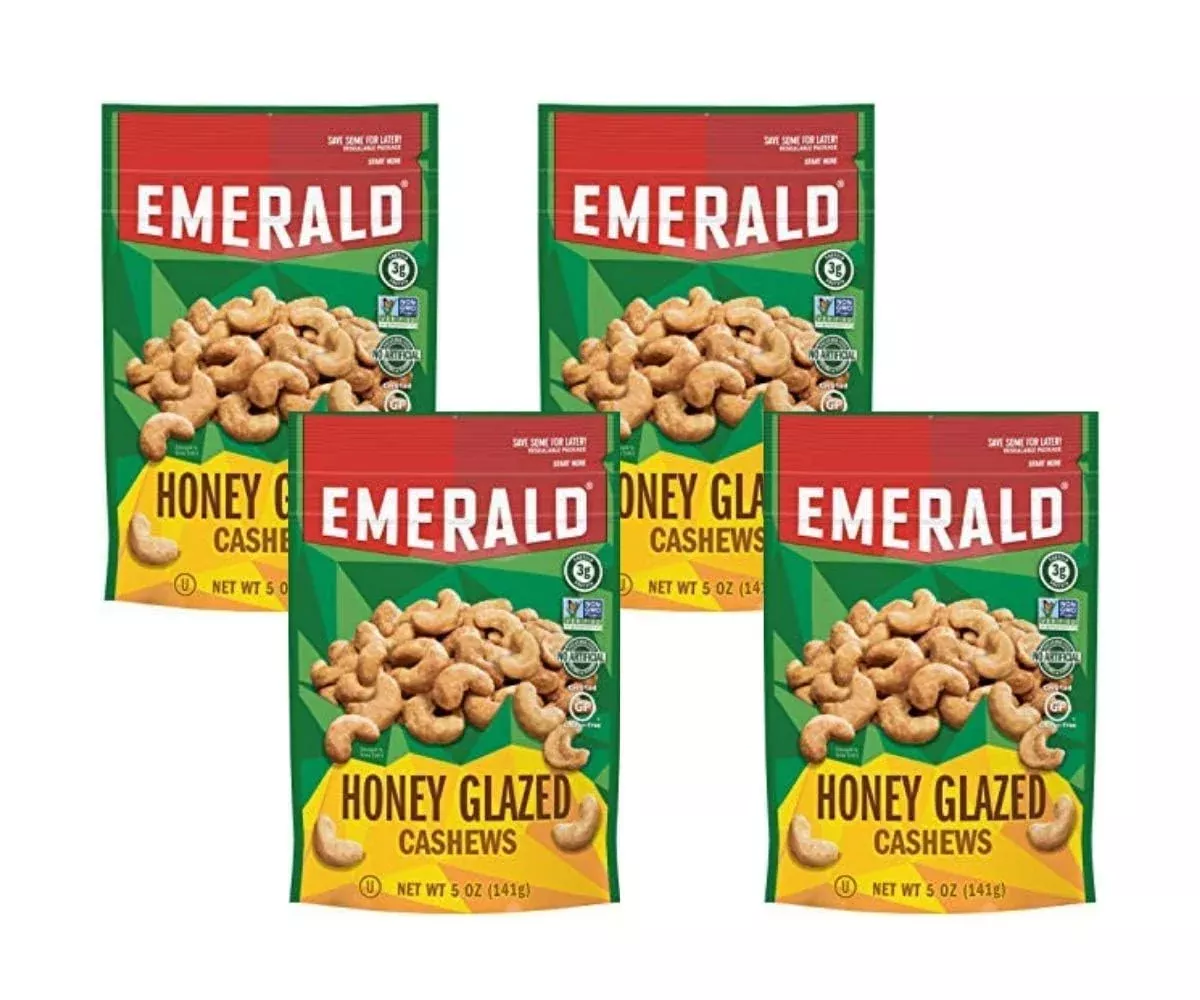 Emerald Nuts, Honey Glazed Cashews, 5 Oz, Resealable Bag (Pack Of 4)