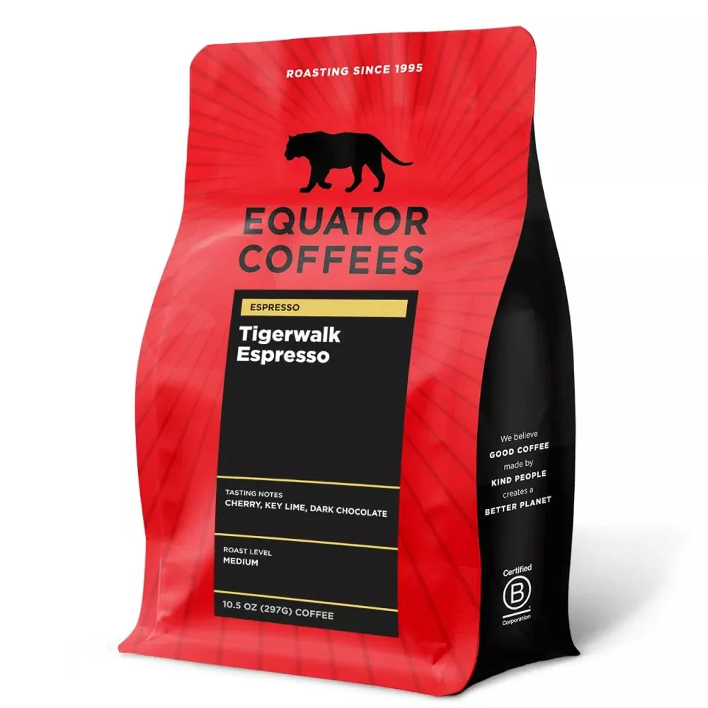 Equator Coffees, Tigerwalk Espresso, Whole Bean Coffee, Medium Roast, Fresh Roasted, Cherry, Chocolate, Strawberry And Lemon Flavor Notes, Sustainable, 10.5 Oz Bag