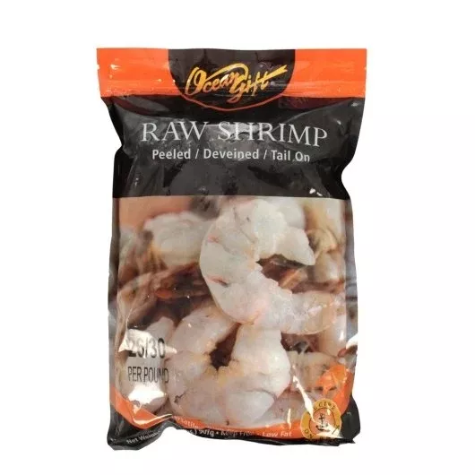 Frozen Seafood Commodity 26/30 Raw Peeled & Deveined Tail On Shrimp 2 Pound Each - 5 Per Case