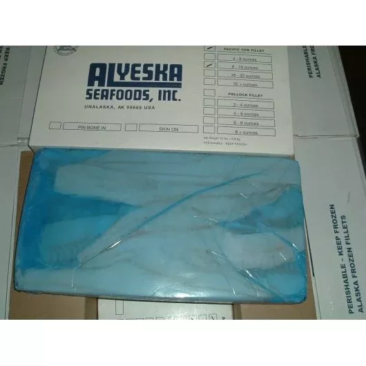 Frozen Seafood Commodity Alyeska Label Once Frozen Shatter Pack Alaskan Cod Fillets 8 to 16 Ounce Size 15 Pound Each - 3 Per Case