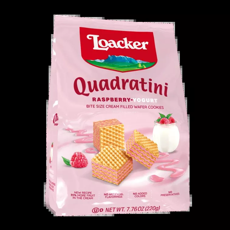 Loacker Quadratini Bite Size Wafers, Raspberry-Yogurt, 7.76 oz | 220g