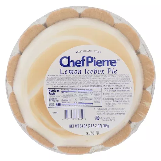 Sara Lee Bakery Chef Pierre Lemon Ice Box 10 Inch Pie 34 Ounce Size - 6 Per Case
