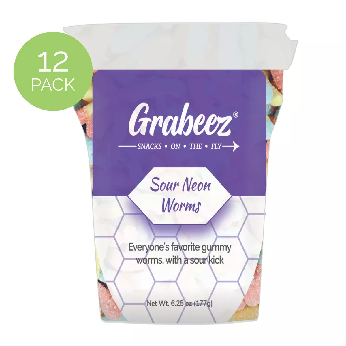 Sour Neon Worms – 12 pack, 6.25oz each Grabeez Snack Cups