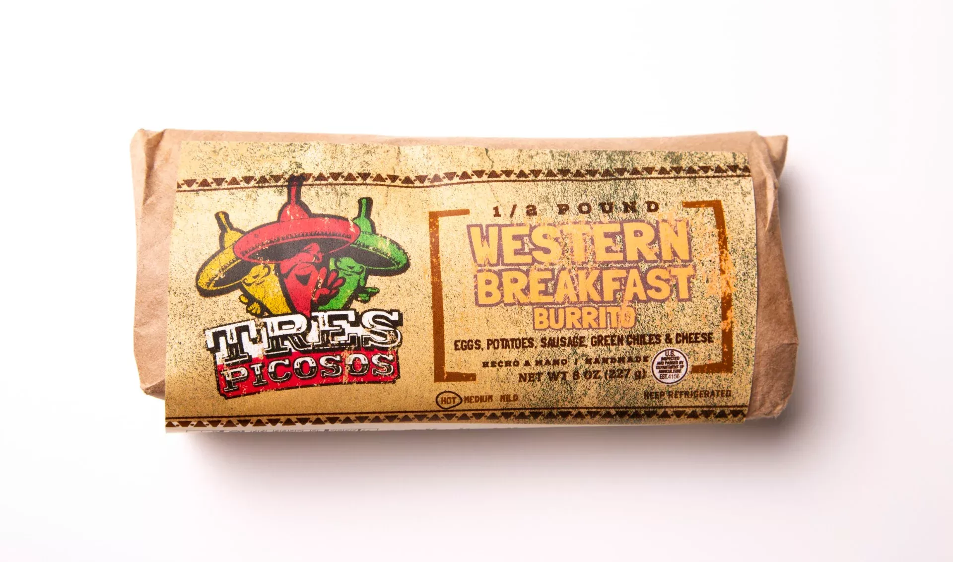 Tres Picosos Western Breakfast Burrito Paper Packaging 1 Each - 12 Per Case