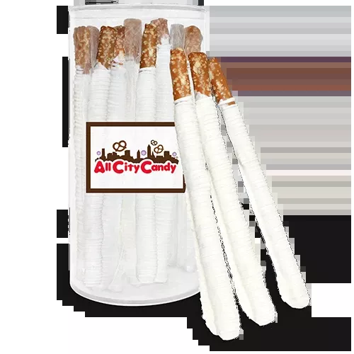 White Chocolate Hand DippedPretzel Rods 12 pc. Canister
